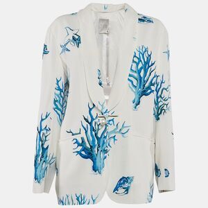Ingie Paris White Coral Print Crepe Single Breasted Blazer S